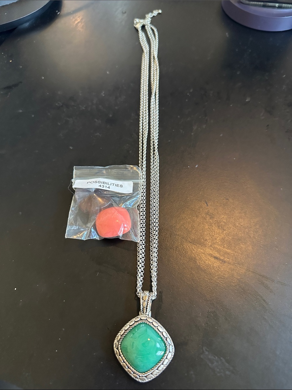 Silver-Tone Pendant Necklace With Green, Coral, and Brown Interchangeable Stones